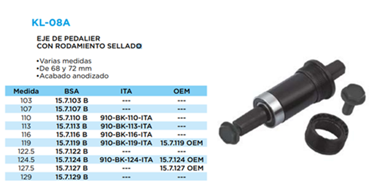 PEDALIER BICICLETA TKX RODAMIENTO SELLADO 124,5 ITALIANA